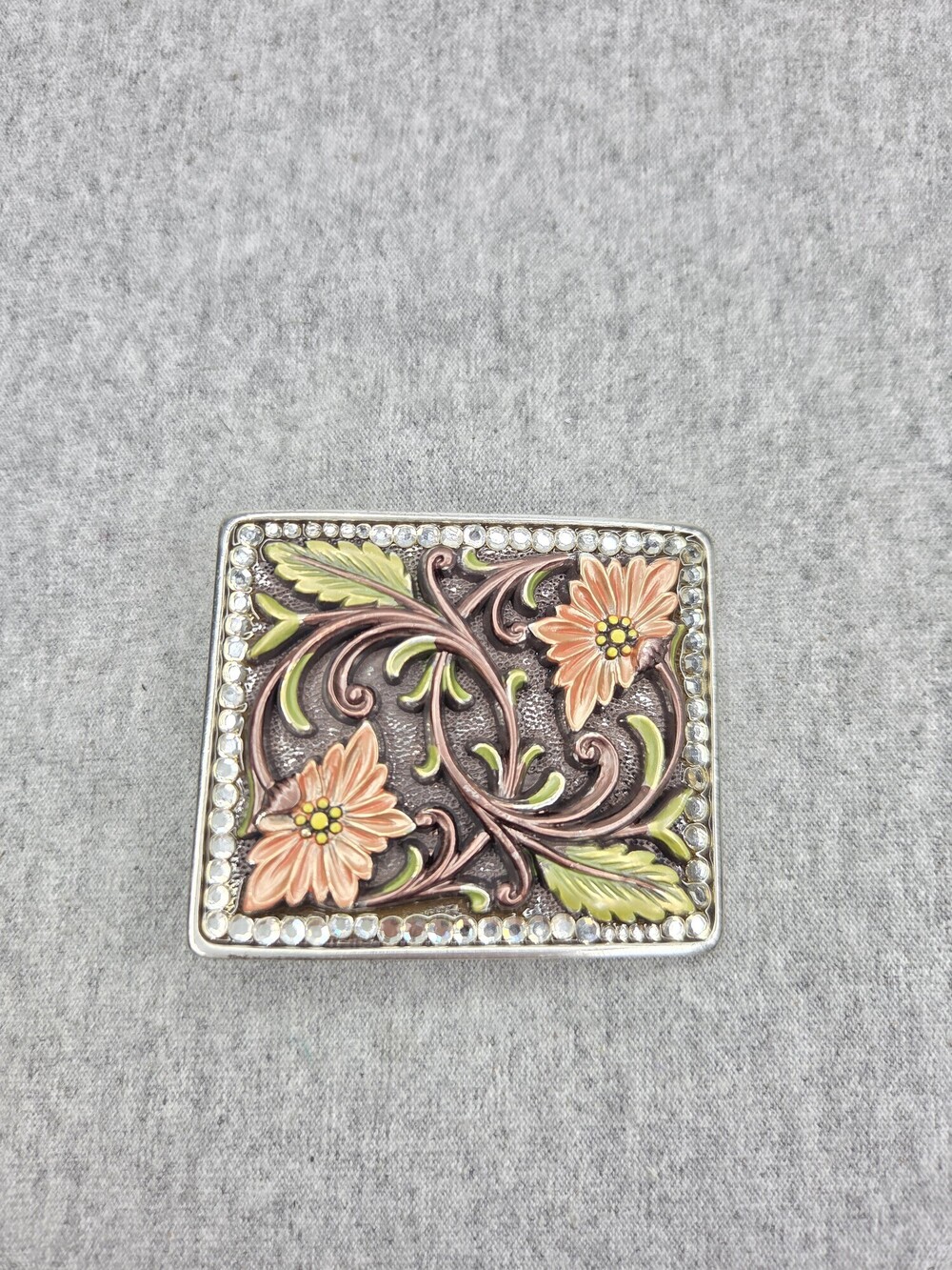 Womens Floral Rhinestone Border Western Belt Buckle Peach Flowers Silver Tone